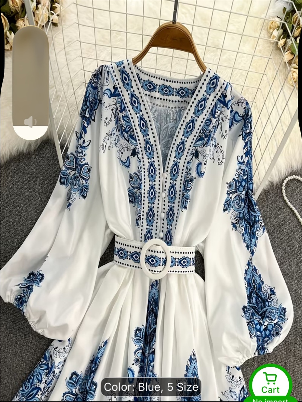 White & Blue Print Mini Dress - V-Neck Boho Tunic - Picture 8 of 12